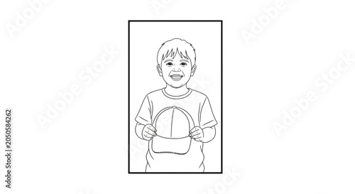 Happy Boy Holding Baseball Cap, Smiling, Studio Portrait, Line Art