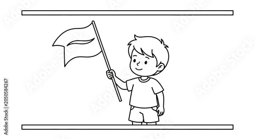 Happy boy holding a waving flag, simple cartoon illustration, white background