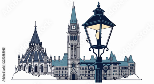 Ornate lamp post frames a detailed illustration of a gothic parliamentary building
