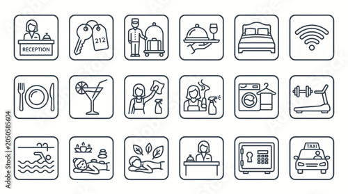 Hotel Services Icons Set: Reception, Room, Wifi, Dining, Spa, Gym, Taxi