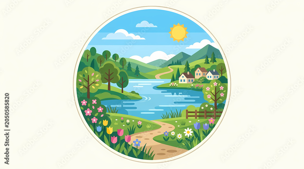 Fototapeta premium Vibrant Spring Landscape Illustration Featuring Rolling Hills A Serene River And Blooming Floral Gardens Within A Circular Decorative Frame