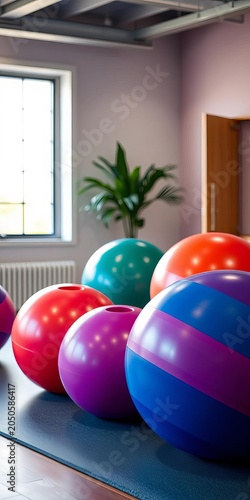 Gymnastic balls used in physiotherapy session, posture correction, senior fitness