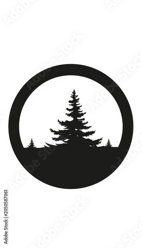 Simple pine tree silhouette within a circular border, black, nature