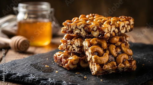 Sweet Cashew Nut Brittle Squares with Honey on Dark Slate