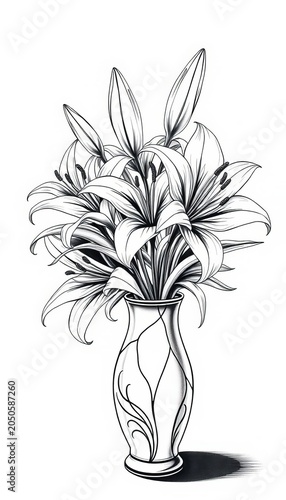 Stylish black and white lily flower arrangement in a decorative vase drawing, vase, elegant