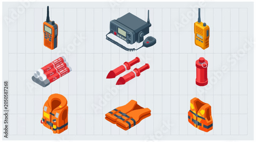Collection of isometric safety equipment including life jackets, radios, and flares on a grid background.