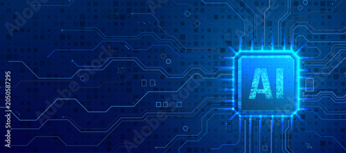 Obraz na płótnie Digital ai processor chip integrated into futuristic electronic motherboard with light circuit paths