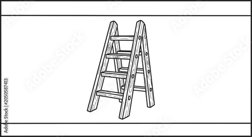 Simple Wooden A-Frame Ladder Drawing, Isolated on White Background, DIY Tool