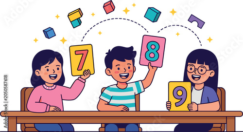 Slika na platnu Happy Cartoon Kids Sitting At School Desk Holding Up Number Cards Seven Eight An