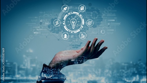 Fotografie Concept of digital innovation with a human hand and futuristic icons representing technology, ideas, and business success against a city skyline