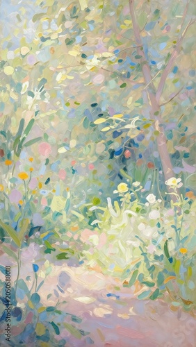 Impressionistic Oil Painting of a Sunlit Garden Path with Soft Pastel Foliage