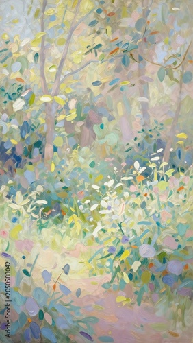 Impressionistic Oil Painting of a Sunlit Garden Path with Soft Pastel Foliage