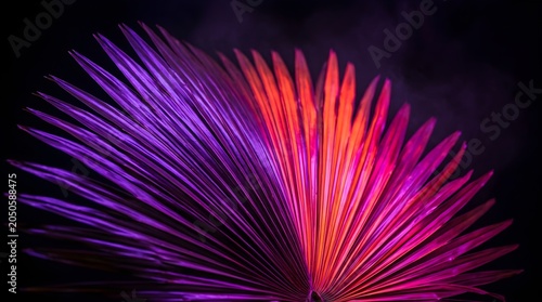 Vibrant Abstract Nature Design Showcasing a Palm Leaf Split into Two Distinct Color Zones of Deep Purple and Bright Orange Illuminated by Dramatic Lighting Creating a Striking Visual Contrast