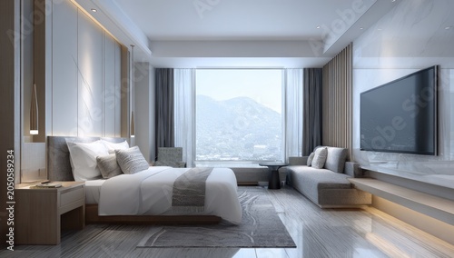 Modern luxury hotel bedroom with a large window offering mountain and city views