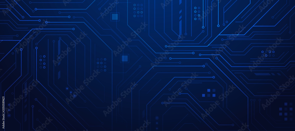 Obraz premium High tech circuit board background with bright blue connection points and data pathways.