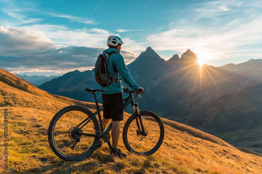 Fototapeta premium Biker watching mountain sunrise over alpine peaks adventure sport fitness landscape