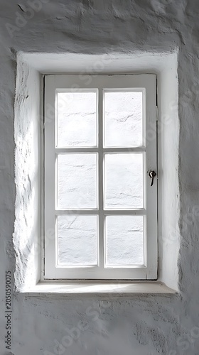 Old white window set into a rustic textured wall
