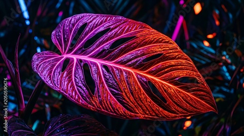 Vibrant tropical plant leaf illuminated with colorful neon multicolored lights creating an atmospheric mystical glow against a darkened leafy backdrop suggesting exotic nature and nocturnal