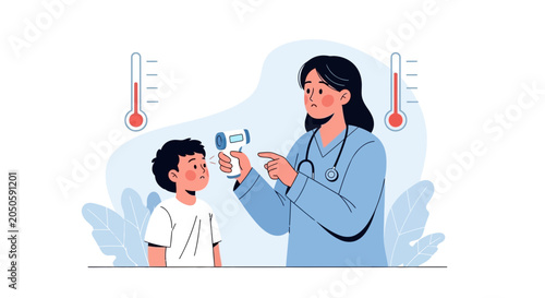 Doctor checking child's temperature with infrared thermometer, healthcare concept illustration.