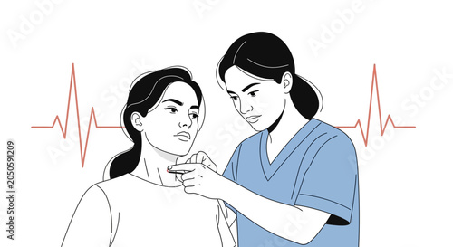Doctor checking patient's pulse on neck with electrocardiogram line in background, medical checkup concept