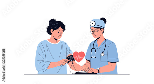 Doctor checks patient's blood pressure with heart symbol and cardiogram in modern flat illustration style.