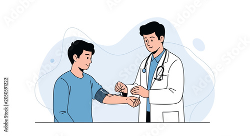 Doctor checks patient's blood pressure with a sphygmomanometer, vector illustration in a modern, clean style