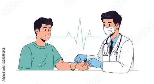 Doctor checks patient's pulse with pulse oximeter in clinic, medical checkup with heart rhythm graph background