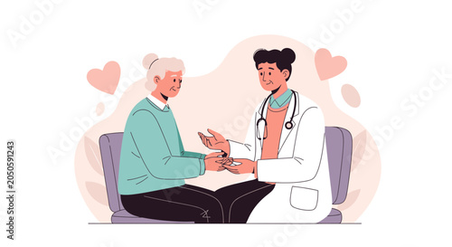 Doctor comforting elderly patient, illustration of compassionate healthcare and medical consultation