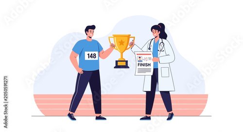 Doctor congratulates runner with trophy and medical report, celebrating health and athletic achievement