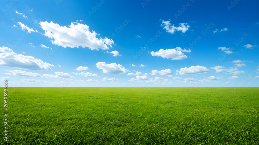 Obraz premium Green grass field under a bright blue summer sky with landscape