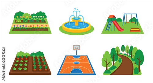 Schilderij op canvas Park scenes and recreational areas flat vector illustration