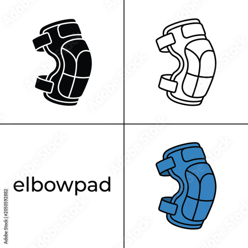 Elbow pad protective equipment set featuring strap design as line art silhouette and blue flat icon.