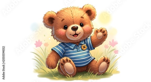 Cute Teddy Bear Sitting Outdoors Waves Hello in Blue Striped Shirt