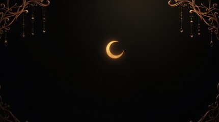 Golden crescent moon with ornate decorative corners on a dark background