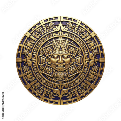 Aztec Sunstone Gold Calendar Artifact, Detailed Circular Pre-Columbian Stone Sculpture Emblem