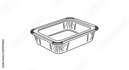 Empty Rectangular Aluminum Foil Food Container, Disposable Takeaway Box, Line Art Illustration