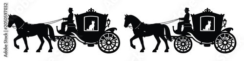 Quadro su tela Vintage horse-drawn carriage silhouette, antique royal stagecoach with driver an