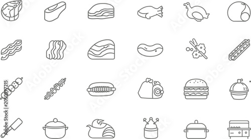 Foto Meat and barbecue restaurant line icon set featuring steak bacon ribs sausage ch