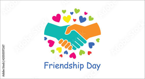 Foto Handshake Illustration With Colorful Hearts And Friendship Day Text