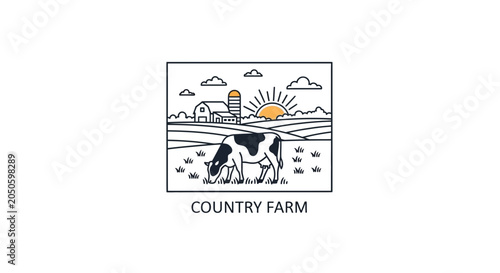Country Farm Scene with Cow Grazing at Sunrise, Rural Landscape Illustration