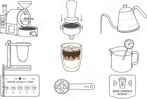 Foto Specialty coffee brewing and roasting line icon set featuring bean roaster machi