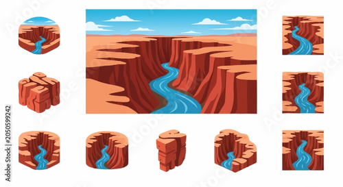 Obraz na plátně Collection of stylized illustrations depicting canyons with rivers and rock formations