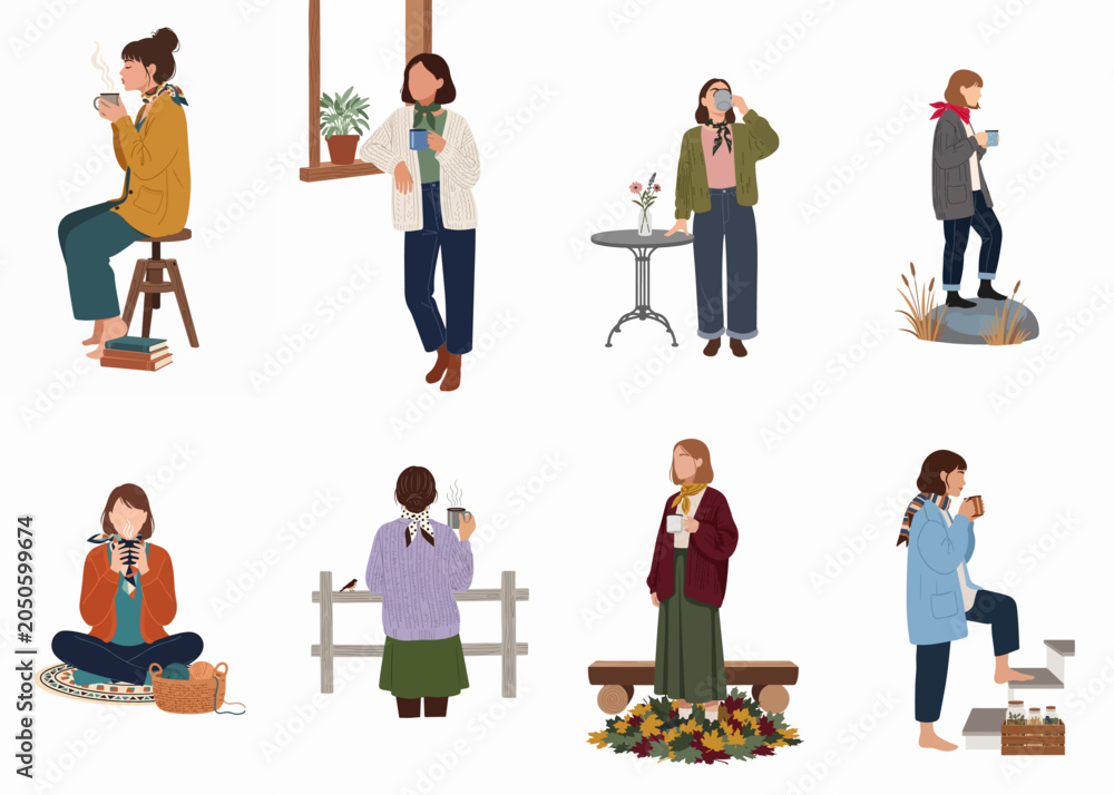 Obraz premium Collection of eight illustrations of young women in cozy autumn outfits enjoying hot beverages in various peaceful indoor and outdoor settings.