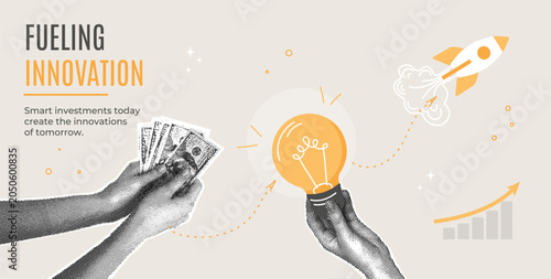 Financial investments for innovation and business growth. Stylish halftone collage. Person holding money and a lightbulb for a rocket launch. Concept for funding creative ideas and developing startup