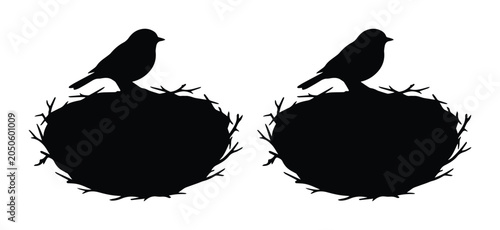 Two Black Bird Silhouettes Perched on Nests, Simple Vector Graphics for Nature Themes, Wildlife, and Spring Concepts