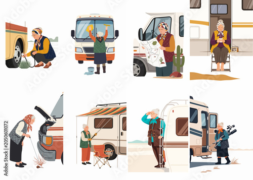 Bild auf Leinwand Vector illustrations of an independent senior woman living a nomadic lifestyle in her motorhome, engaging in maintenance, navigation, and outdoor activities