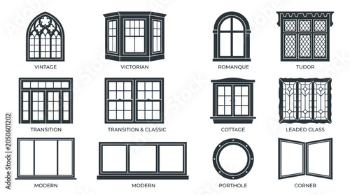 Foto Various Architectural Window Styles: Modern, Victorian, Tudor, Gothic, Porthole