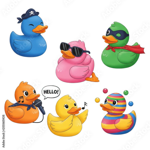 A colorful collection of rubber duck toys in various designs and colors
