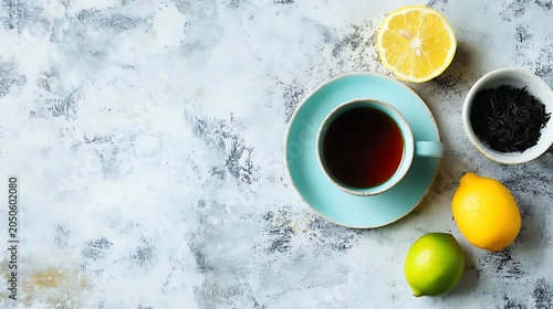 Warm black tea in a turquoise cup with fresh citrus