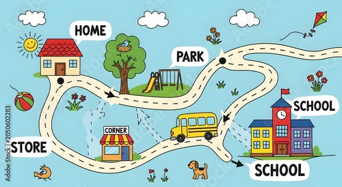 Colorful cartoon map of a small town with home, park, church, store, and school, sunny day